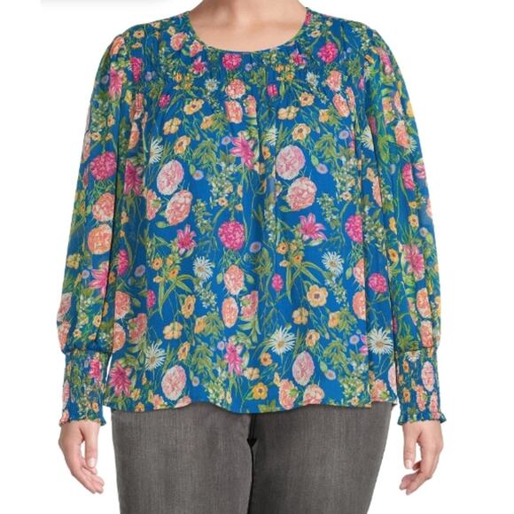 Terra & Sky Tops - Terra & Sky Blue Floral Smocked Chiffon Top Women's Plus Size 3X / 24W - 26W
